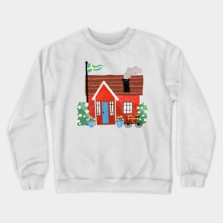 Swedish Summer Cottage with Flags - Midsommar Stuga - Pink Background Crewneck Sweatshirt